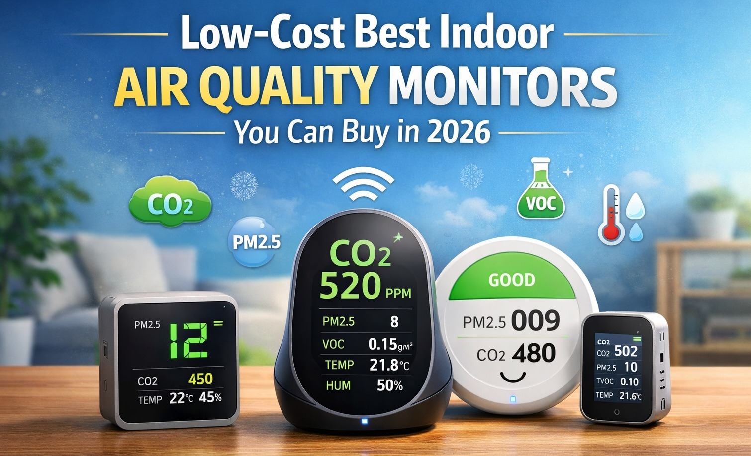 Best Indoor Air Quality Monitors here different indoor air quality devices with text and background sky