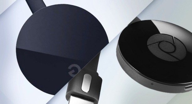 there are two sides of Chromecast Ultra device in a single frame but separated 