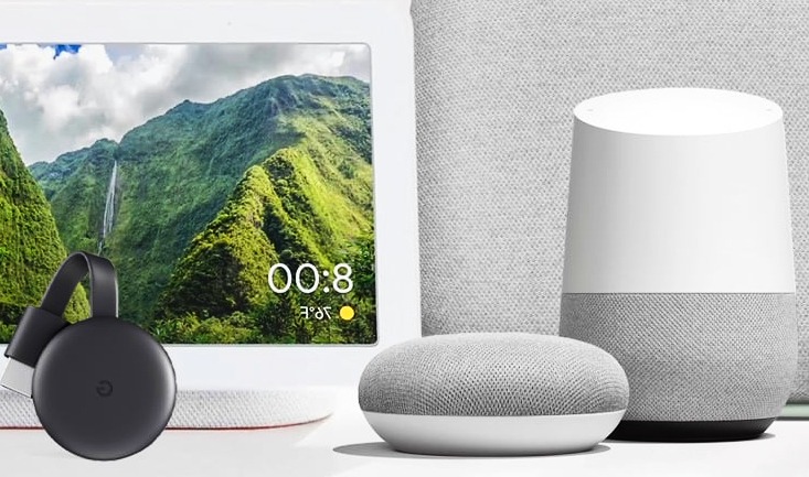 there are Google Home product with background green scenery and grey color device  