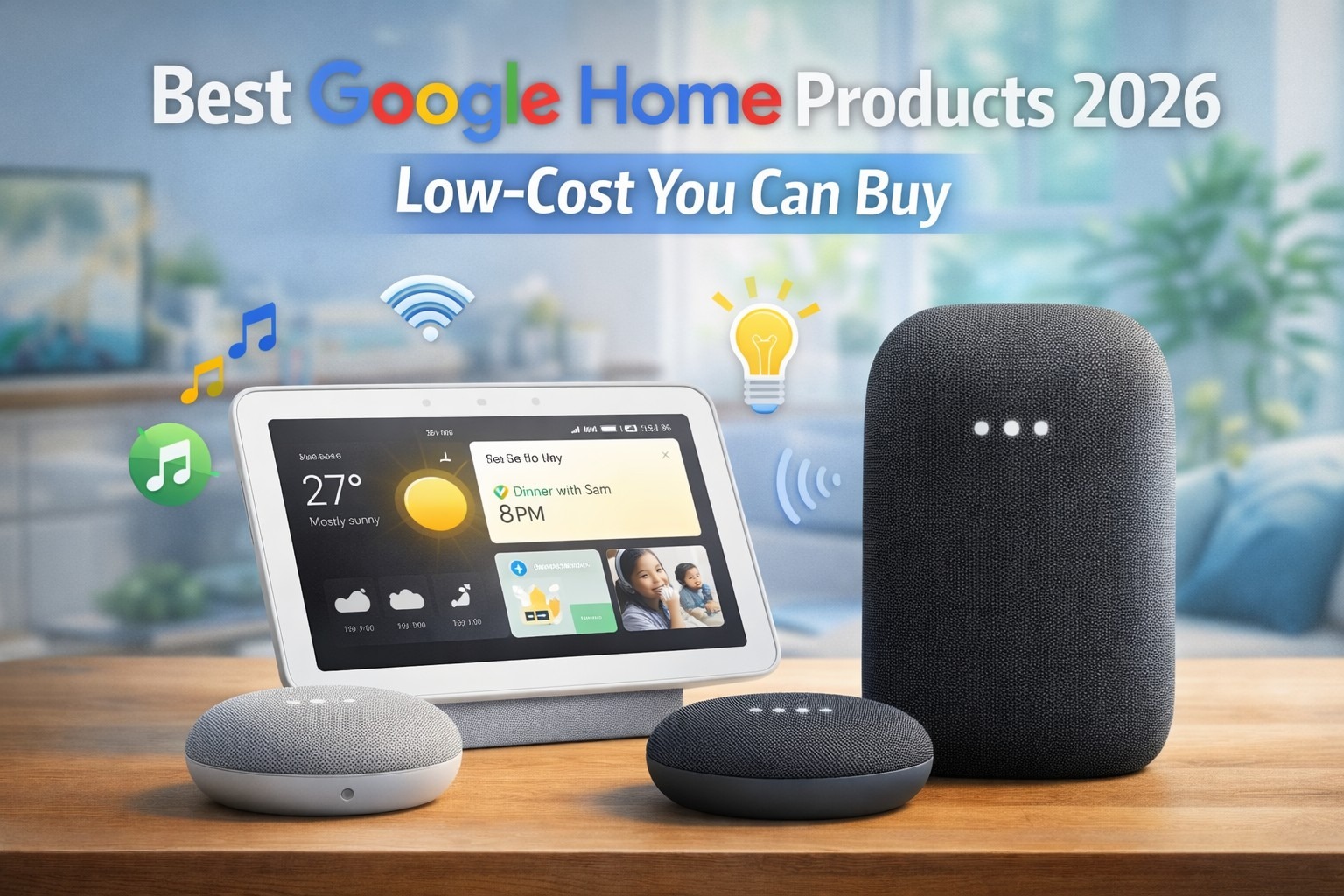 there are Google Home Products on table with its text