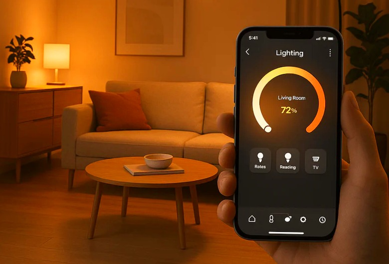 Dynamic Smart Lighting Systems are controlled by mobile with smart home interior design