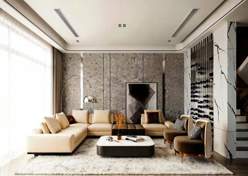 in this image a Living room at some home also with smart home interior design