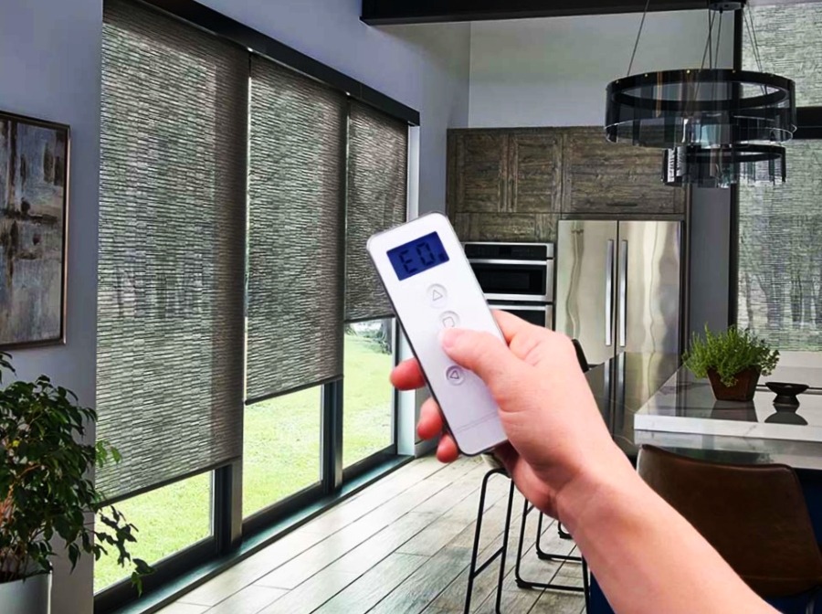 in this image the Automated Window Treatments are controlled by remote 