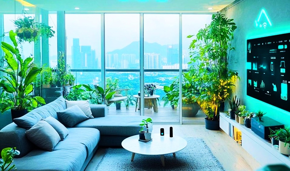 futuristic living room in sky blue or lite green coloring Future-Ready Smart Home Design