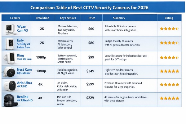 Comparison Table of Best CCTV Security Cameras for 2026 