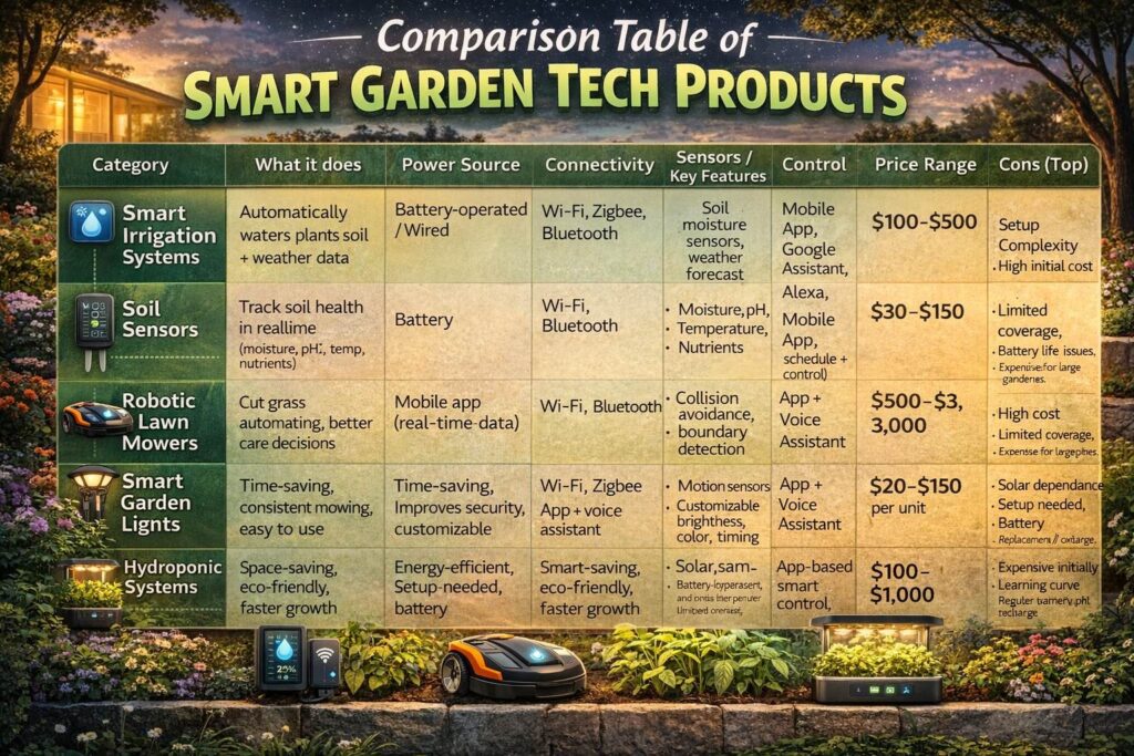Comparison Table of Smart Garden Tech Products 